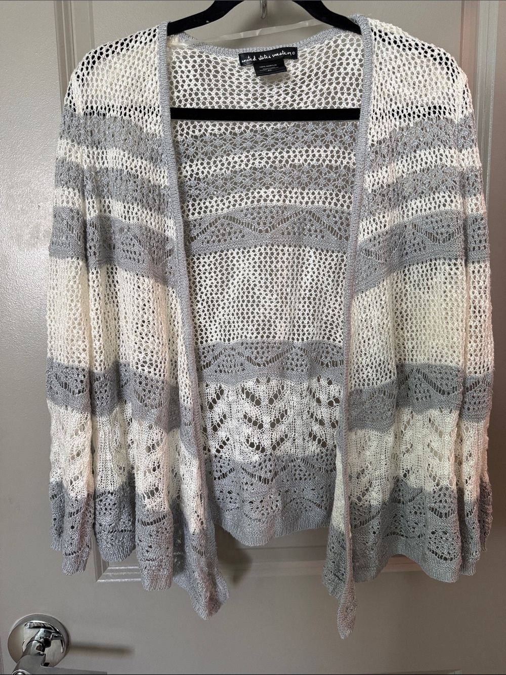 united states sweaters Open Knit Striped Cardigan in Gray and Cream XL